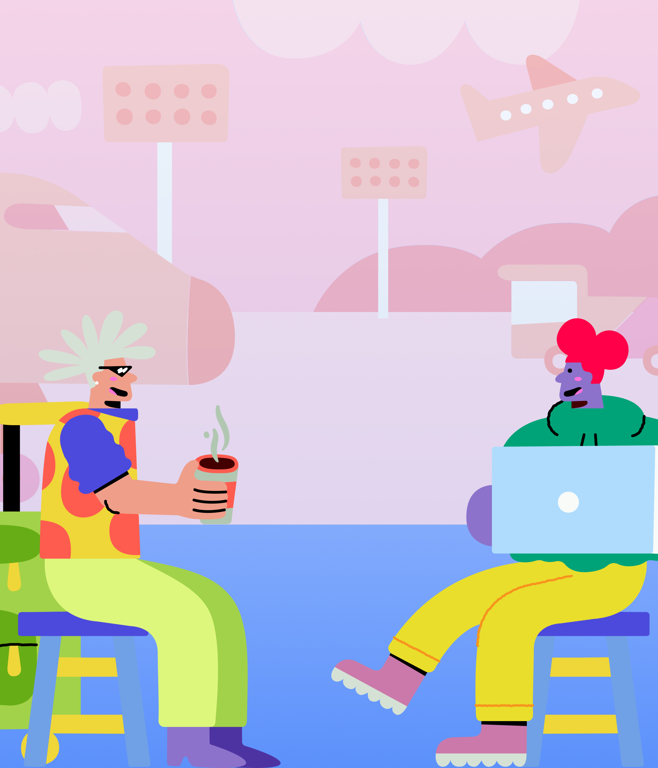 Graphic of people chatting in an airport. Brazuca, By Cezar Berje